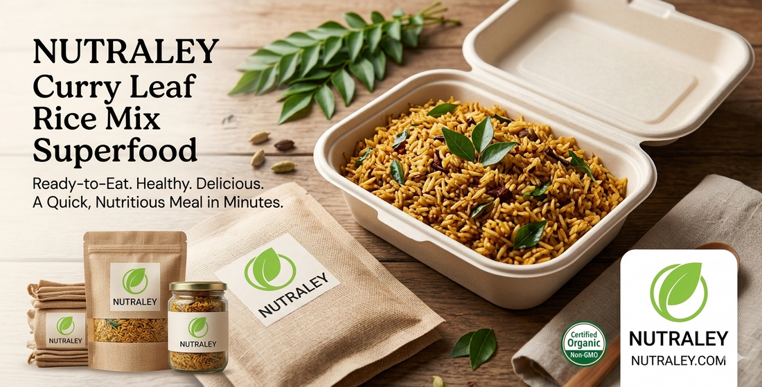 Nutraley Ready-to-Eat Curry Leaf Rice Mix organic superfood packaging next to a healthy prepared rice dish with fresh curry leaves.